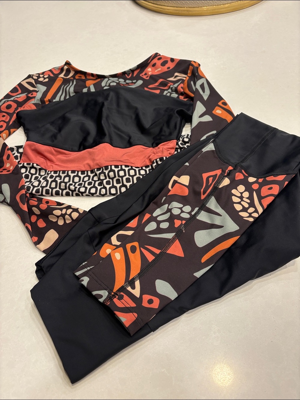 Seea Long-Sleeve One-Piece Swimsuit in Black, Orange, Coral & Sage